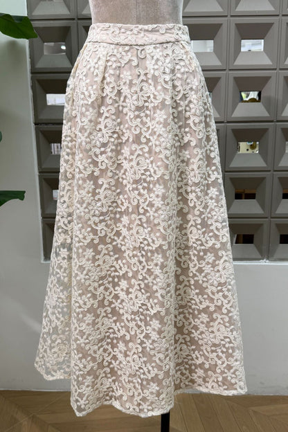 Ivory Lace Peplum Top & A-Line Maxi Skirt Two-Piece Set