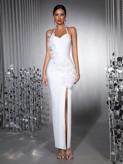 anila 3d floral halter high slit maxi dress in white
