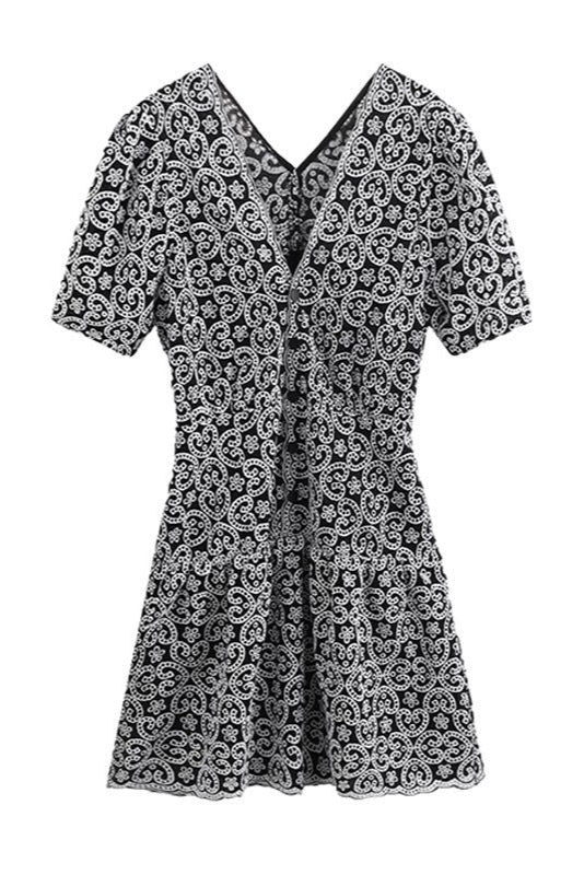 black v-neckline Guipure Mini Dress