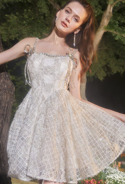 beige Square Collar Sleeveless lace cocktail Dress