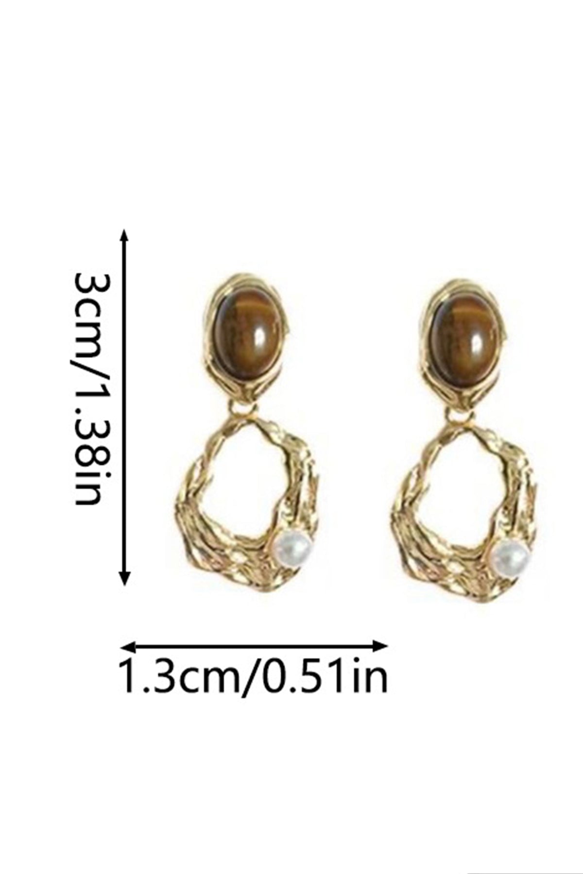 Tiger Eye Stone Pearl Irregular Wavy Hollow Gold Drop Earrings