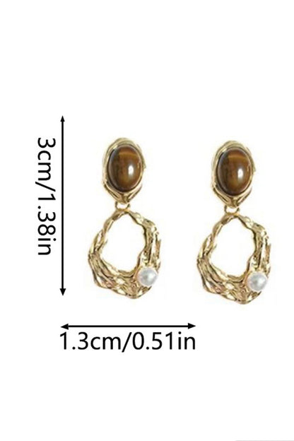 Tiger Eye Stone Pearl Irregular Wavy Hollow Gold Drop Earrings