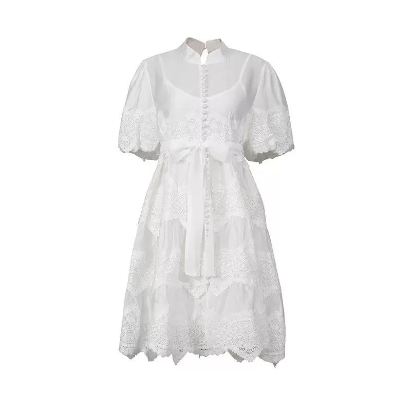 White Mandarin Collar Puff Sleeve Tiered Lace Midi Dress with Waist Sash