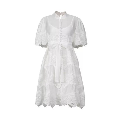 White Mandarin Collar Puff Sleeve Tiered Lace Midi Dress with Waist Sash