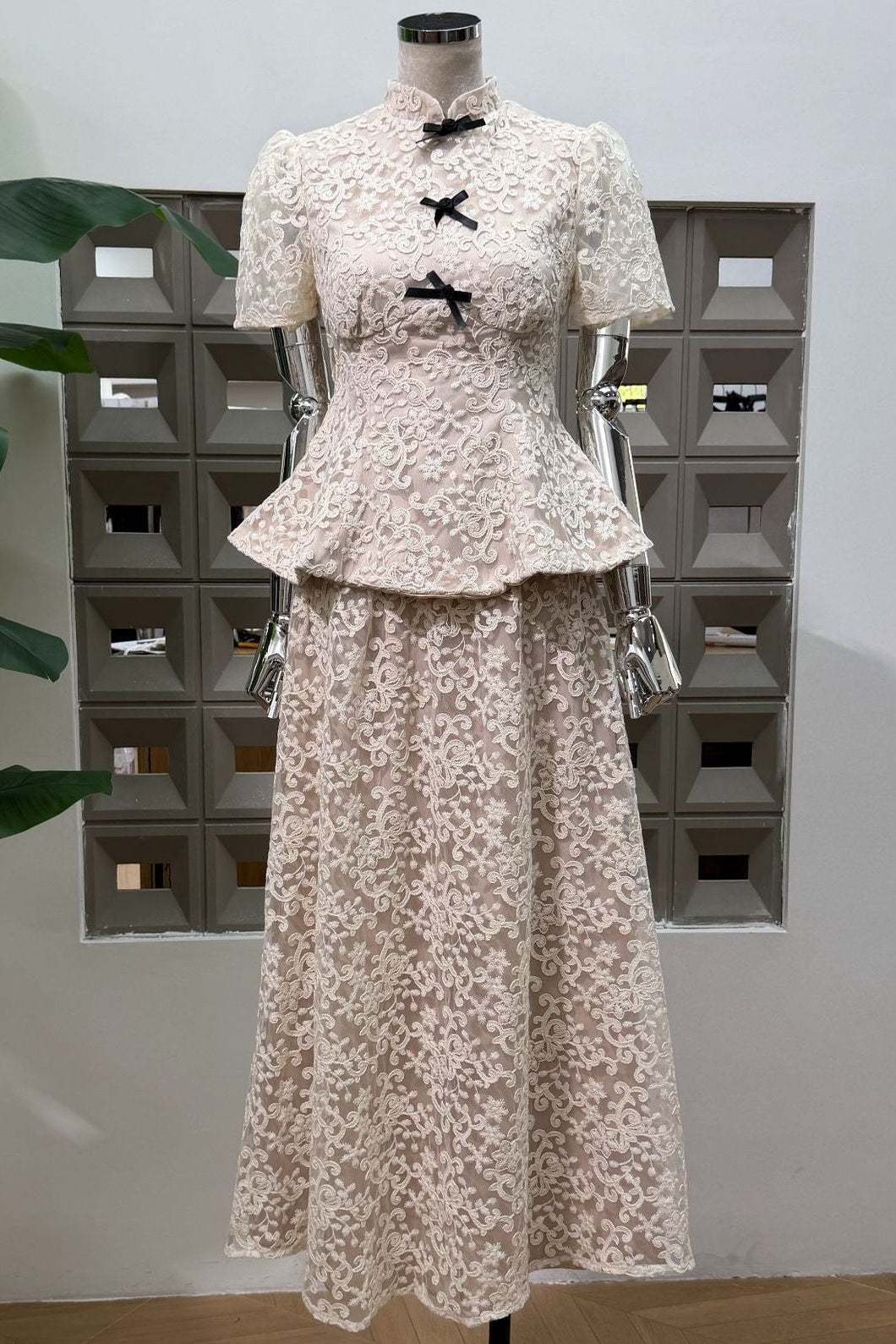 Ivory Lace Peplum Top & A-Line Maxi Skirt Two-Piece Set