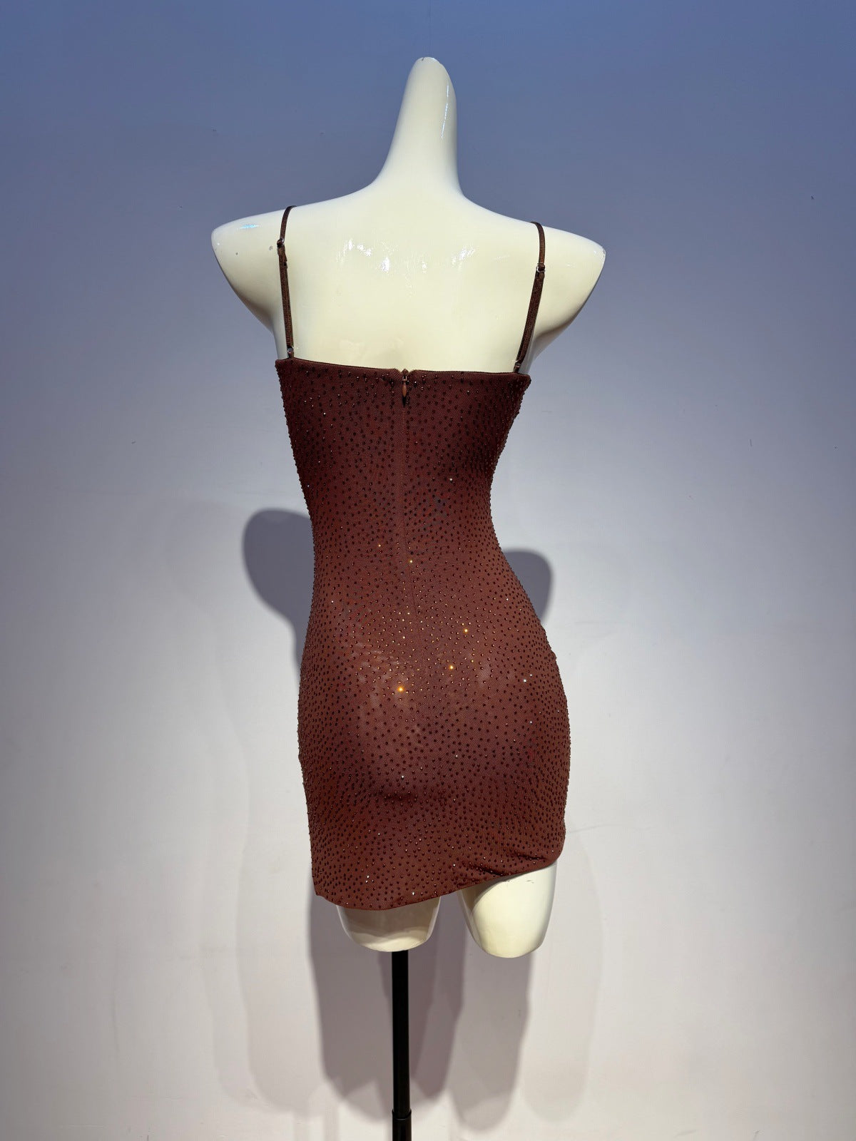 brown stretch knit with glitter overlay bodycon dress