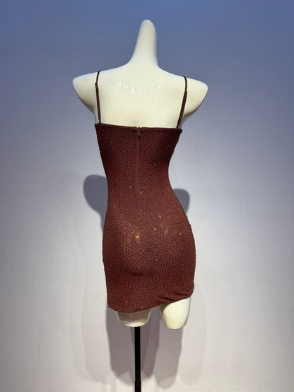brown stretch knit with glitter overlay bodycon dress