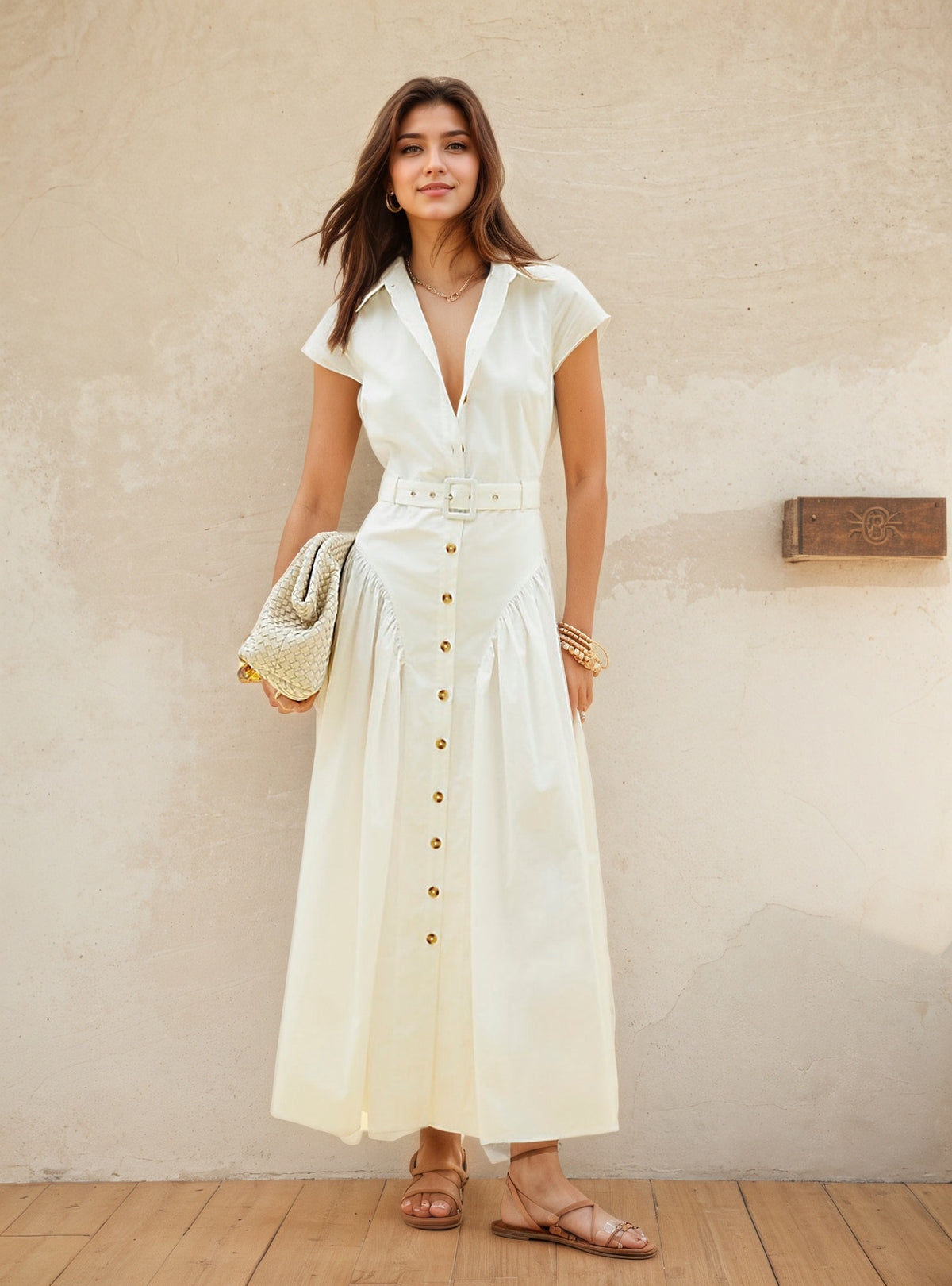 Cap Sleeve Belted Shirt Maxi Dress