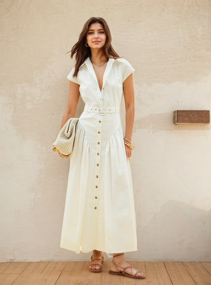 Cap Sleeve Belted Shirt Maxi Dress