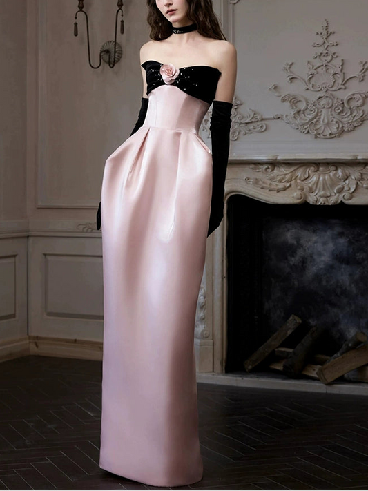 Satin Pink flower Strapless maxi prom dress