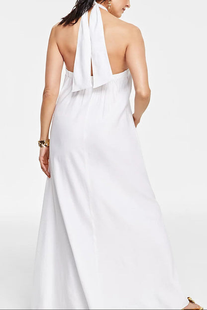 White Floral & Butterfly Print Halter Neck Maxi Dress