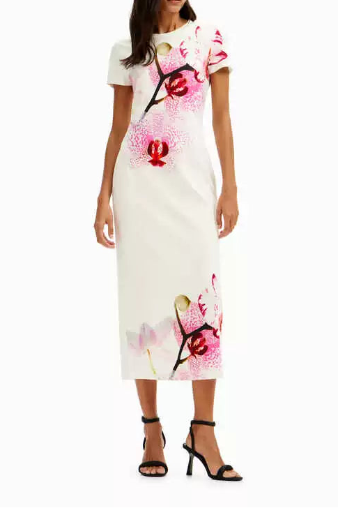 orchid print back slit stretch slim fit midi dress