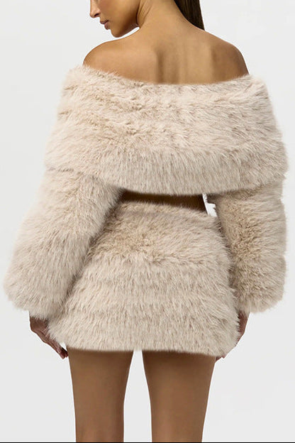 verna faux fur off-shoulder long sleeve top in beige