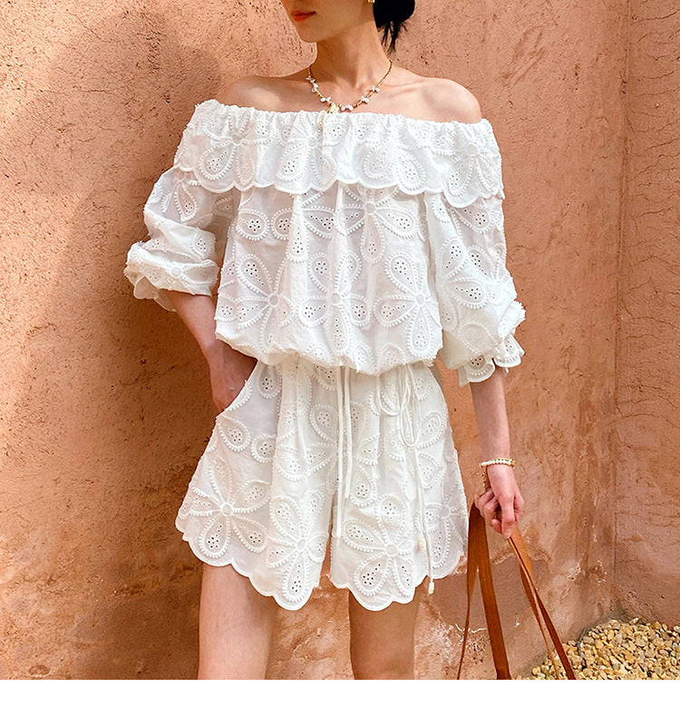 shoulder tops long sleeves embroidered openwork shorts