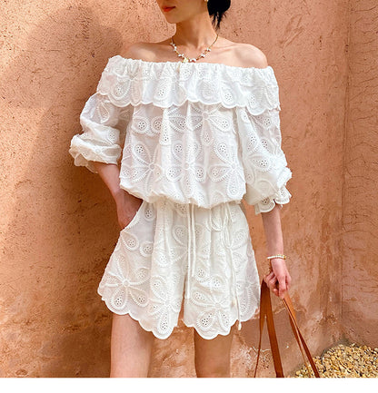 shoulder tops long sleeves embroidered openwork shorts