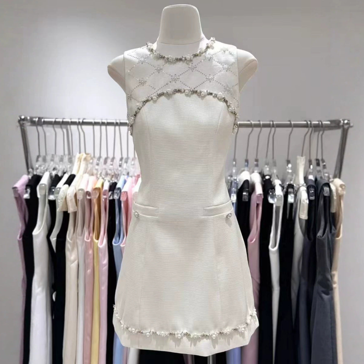 nina rhinestone a-line mini dress - beige