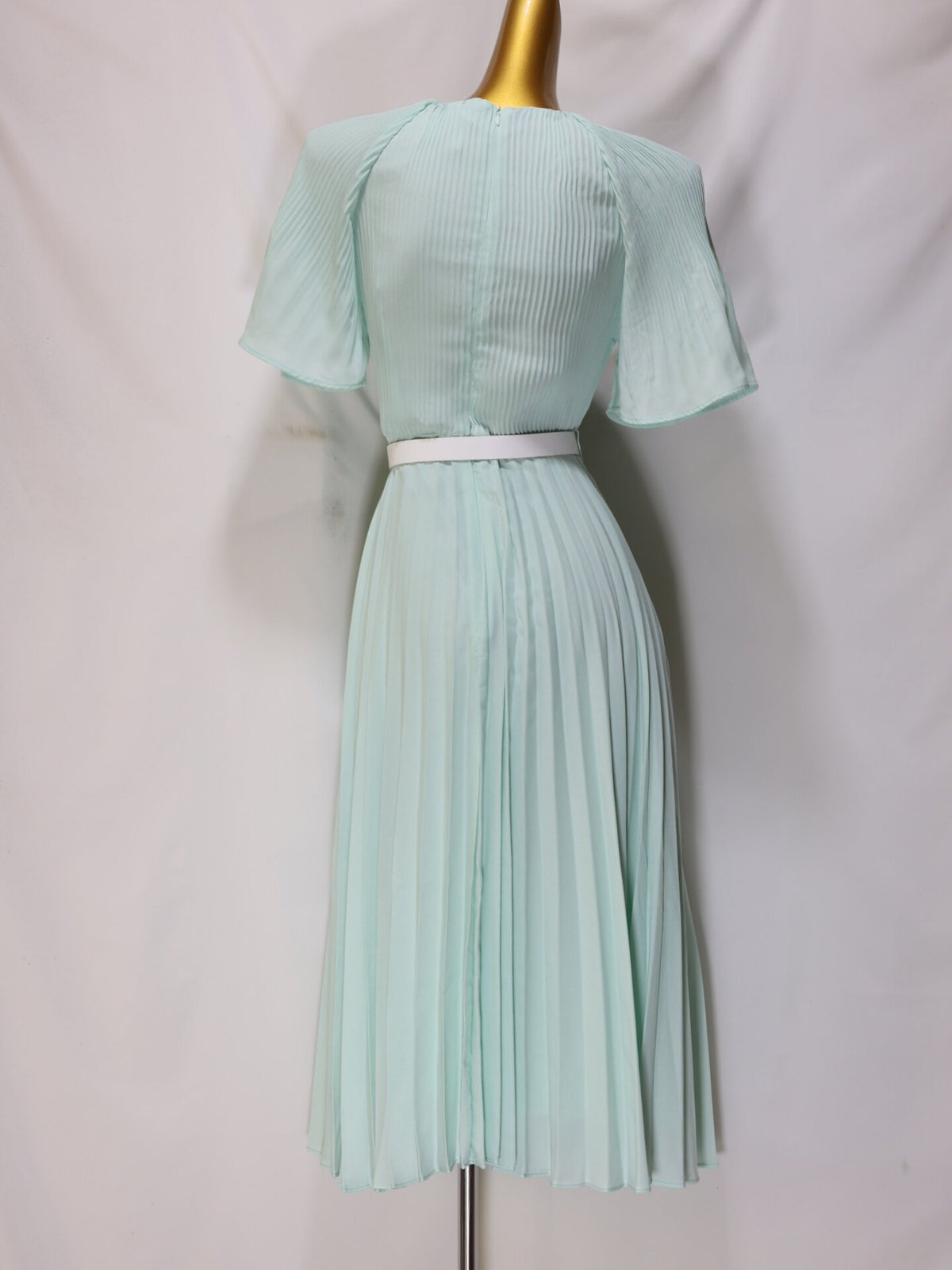 Mint Green Pleated Midi Dress with Belt
