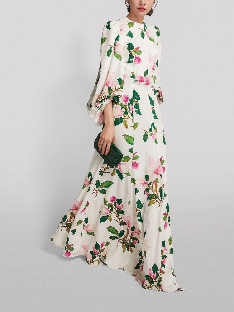 White Floral Print Satin Maxi Dress with Balloon Sleeves