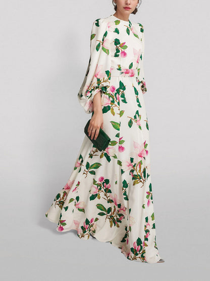 White Floral Print Satin Maxi Dress with Balloon Sleeves