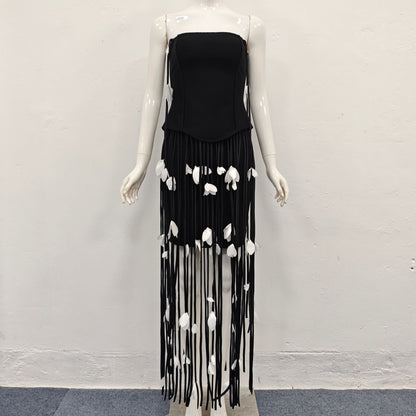 hilary black flower tassel strapless mini dress