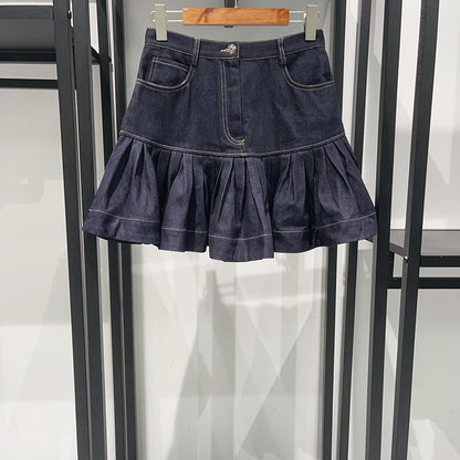Ruffled Mini Denim Skirt in deep blue