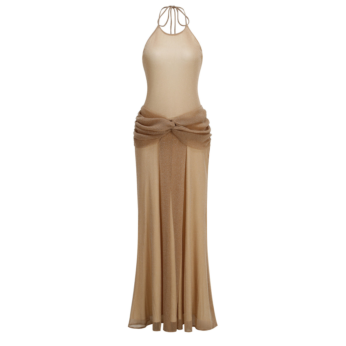 Beige Fine Stretch Knit Column Evening Gown