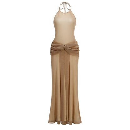 Beige Fine Stretch Knit Column Evening Gown