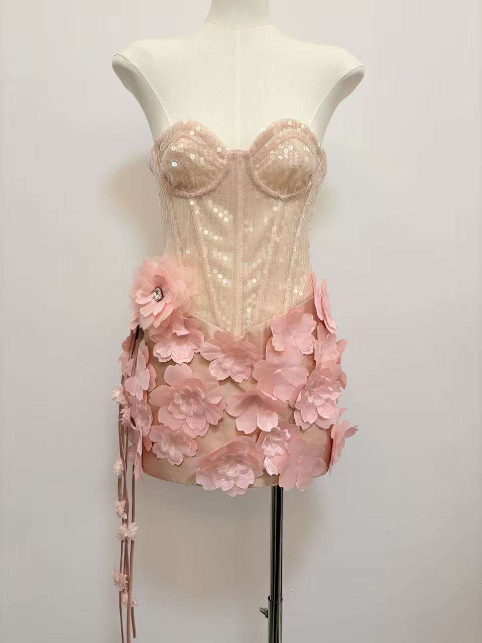 kelly sequin 3d flower patchwork mini dress - pink