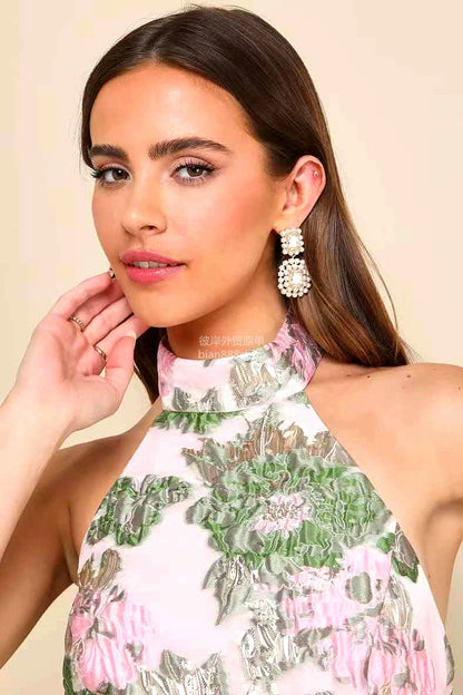 Jacquard Pink Green Floral Open Back Mini Dress