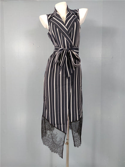 Sleeveless Striped Blazer Midi Dress with Lace Trim