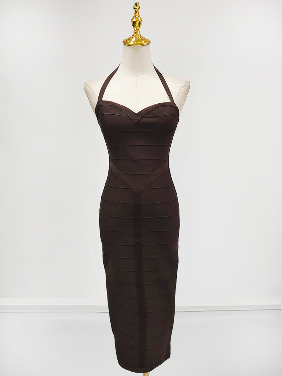chocolate halter bodycon midi bandage dress