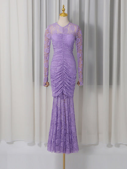 penny lace  hollow ruched bodycon long sleeve maxi dress in purple