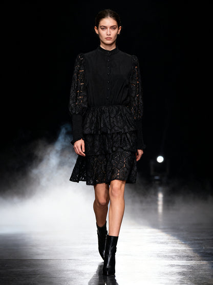 vanessa Long Sleeves Layered Lace Mini Dress in black