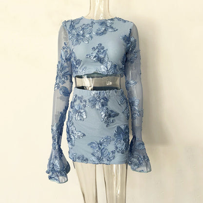 Nefertiti apricot Embroidered Floral Backless T-shirt and Skirt Set