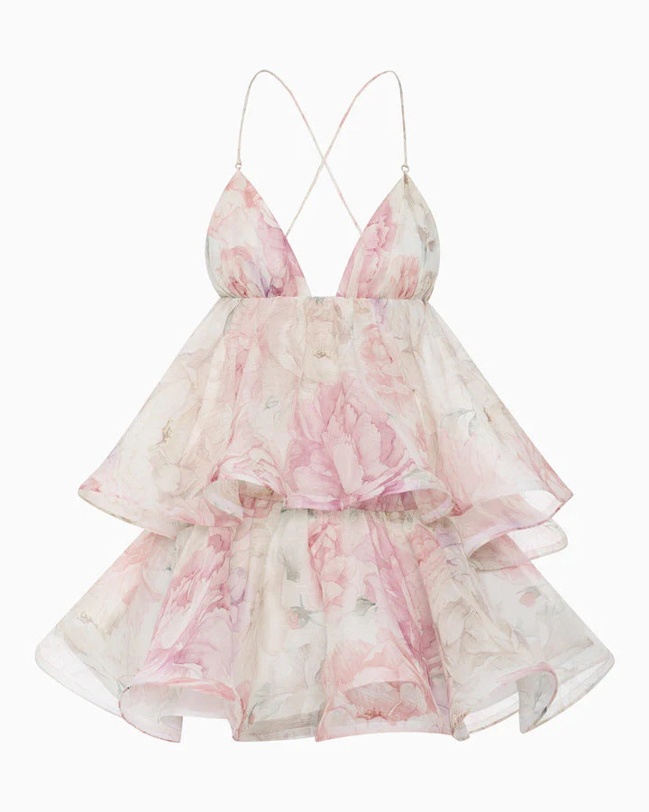 Light Pink Organza Floral A-Line Babydoll Mini Dress