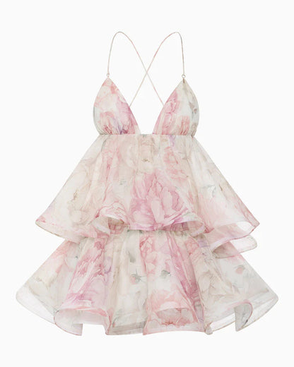 Light Pink Organza Floral A-Line Babydoll Mini Dress