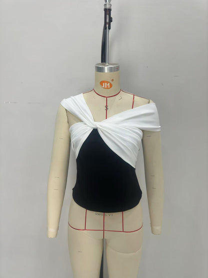 Black White Color Block Off Shoulder Twist Knot Fitted Tank Top