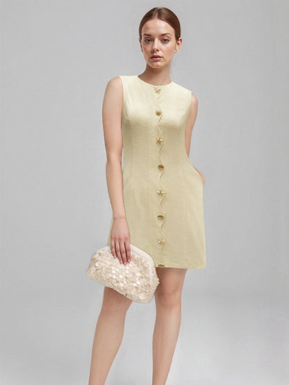 Pale Yellow Sleeveless Round Neck Star Shell Button Straight Mini Dress