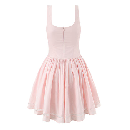 Bow Strap Lace Trim Mini Skater Dress