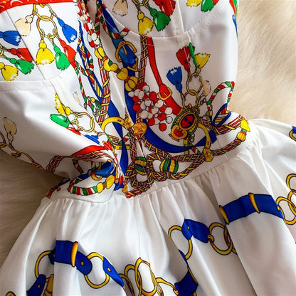 White Cotton Poplin Fit-and-Flare Midi Dress with Sicilian Carretto Print