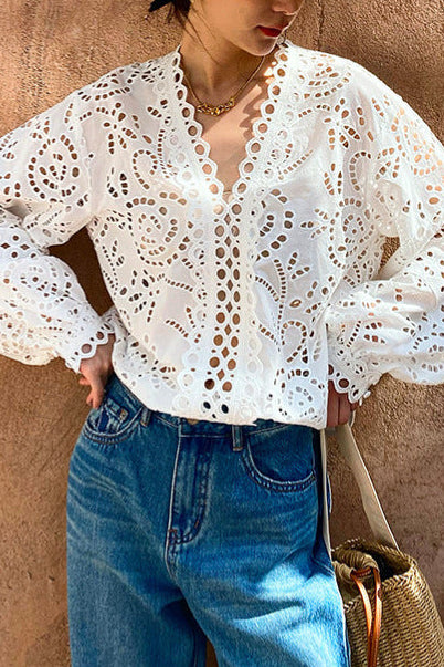 White V-Neck Eyelet Lace Blouse with Balloon Sleeves