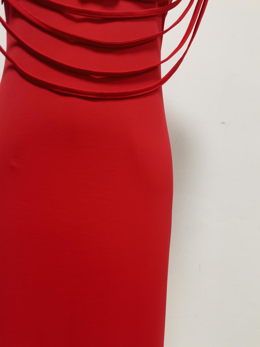 red stretch jersey or crepe fitted column dress