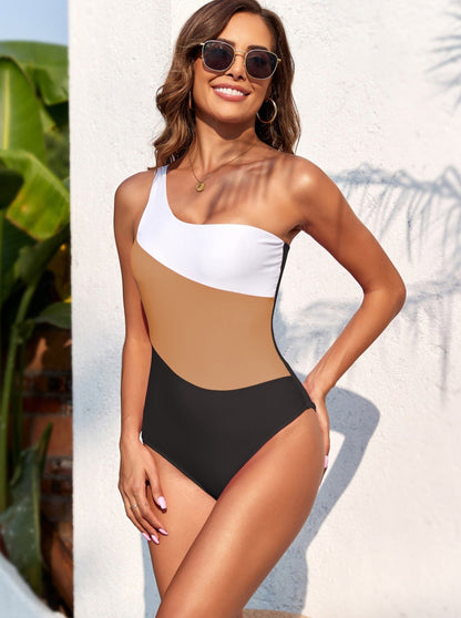 Tri-Color Colorblock One-Shoulder Swimsuit