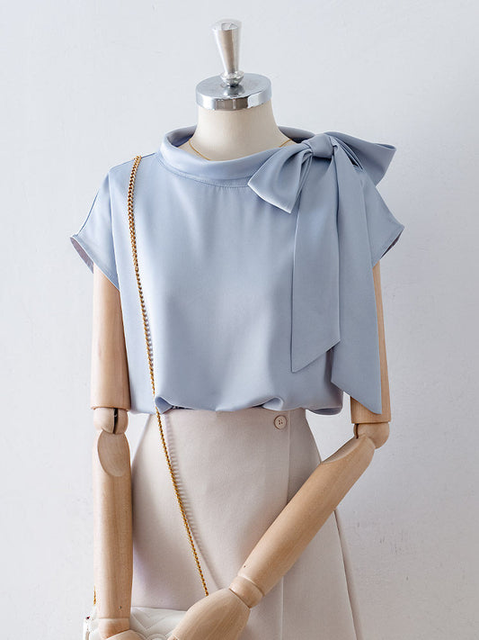 Asymmetrical Side Big Bow Stand Collar Cap Sleeve Satin Blouse