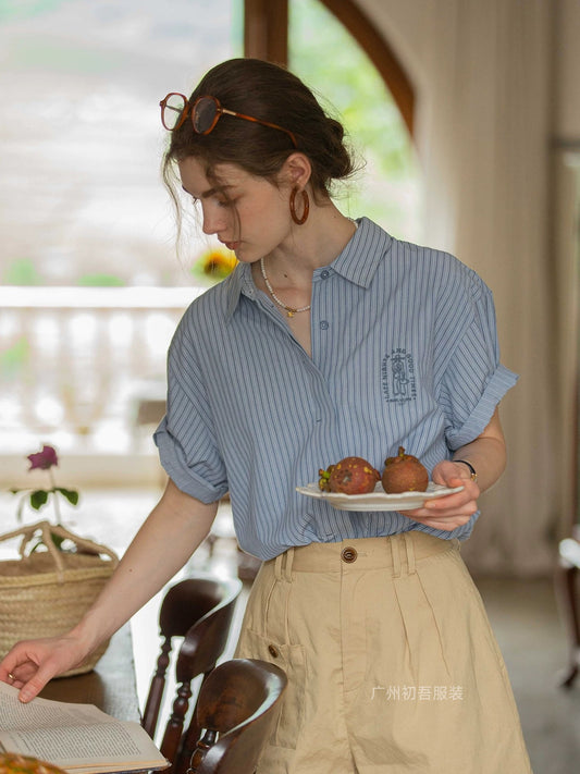 blue embroidery casual versatile short sleeve striped shirt