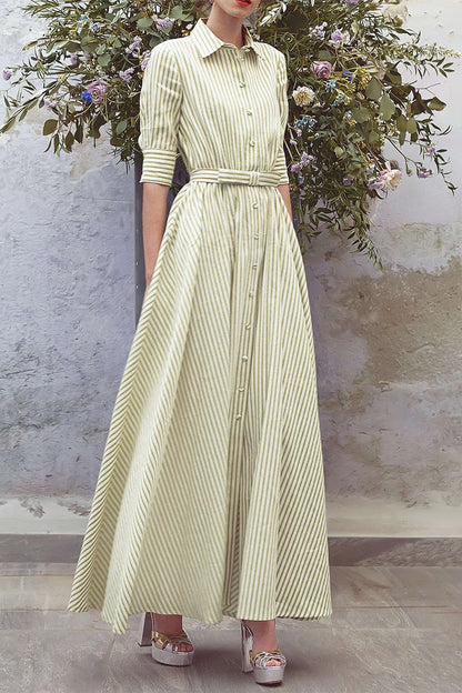 Green Striped Belted Shirt Maxi Dress