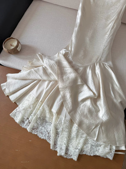 Ivory Spaghetti Strap Satin Lace Underlayer Hem Midi Slip Dress