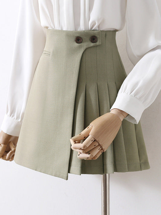 Light Green High Waist Irregular Pleated Mini Skort Double Button Business Short Skirt