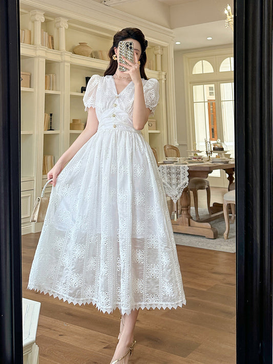 White Eyelet Embroidered Puff Sleeve Midi Dress