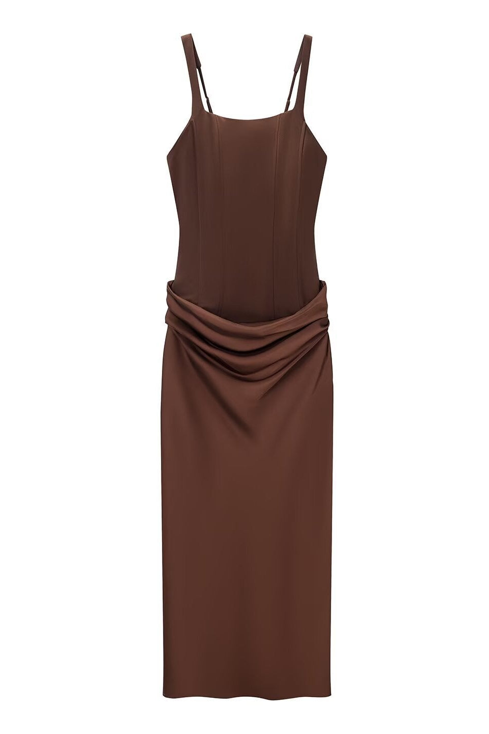 Dark Brown Satin Fitted Column Evening Gown with Draped Hip